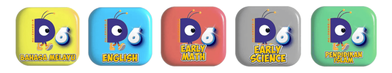 KinderHive learning modules icons for Bahasa Melayu, English, Early Math, Early Science, and Pendidikan Islam