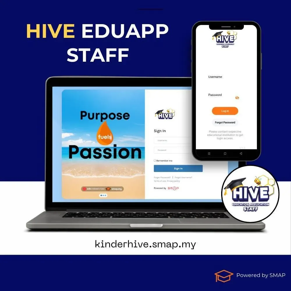 HIVE EduApp Staff login for KinderHive teachers on laptop and mobile
