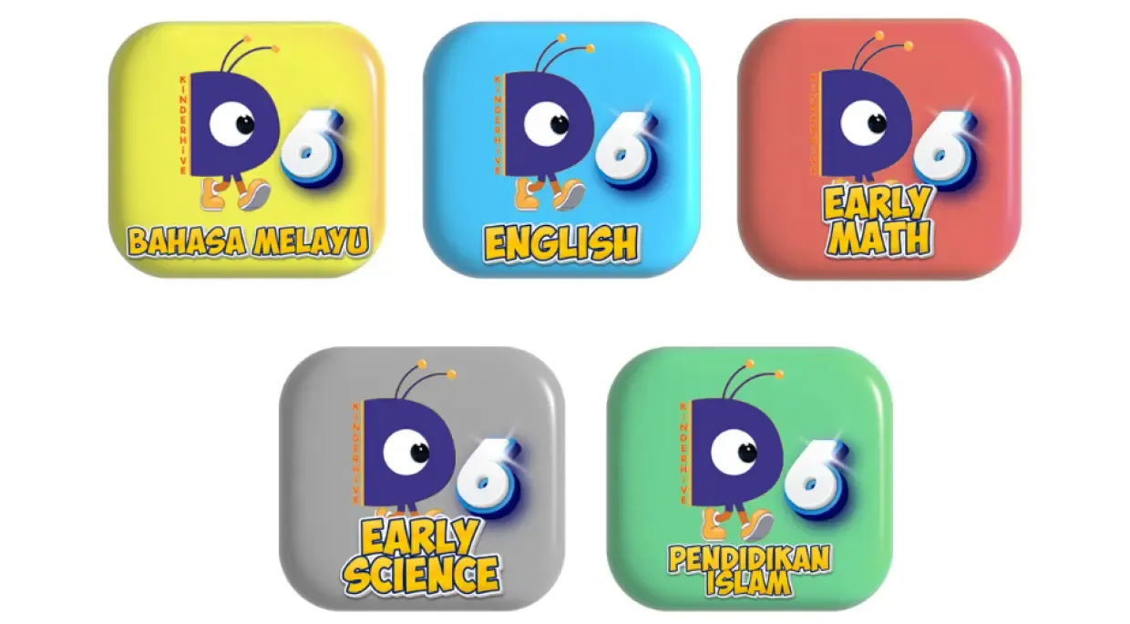 KinderHive learning modules icons for Bahasa Melayu, English, Early Math, Early Science, and Pendidikan Islam